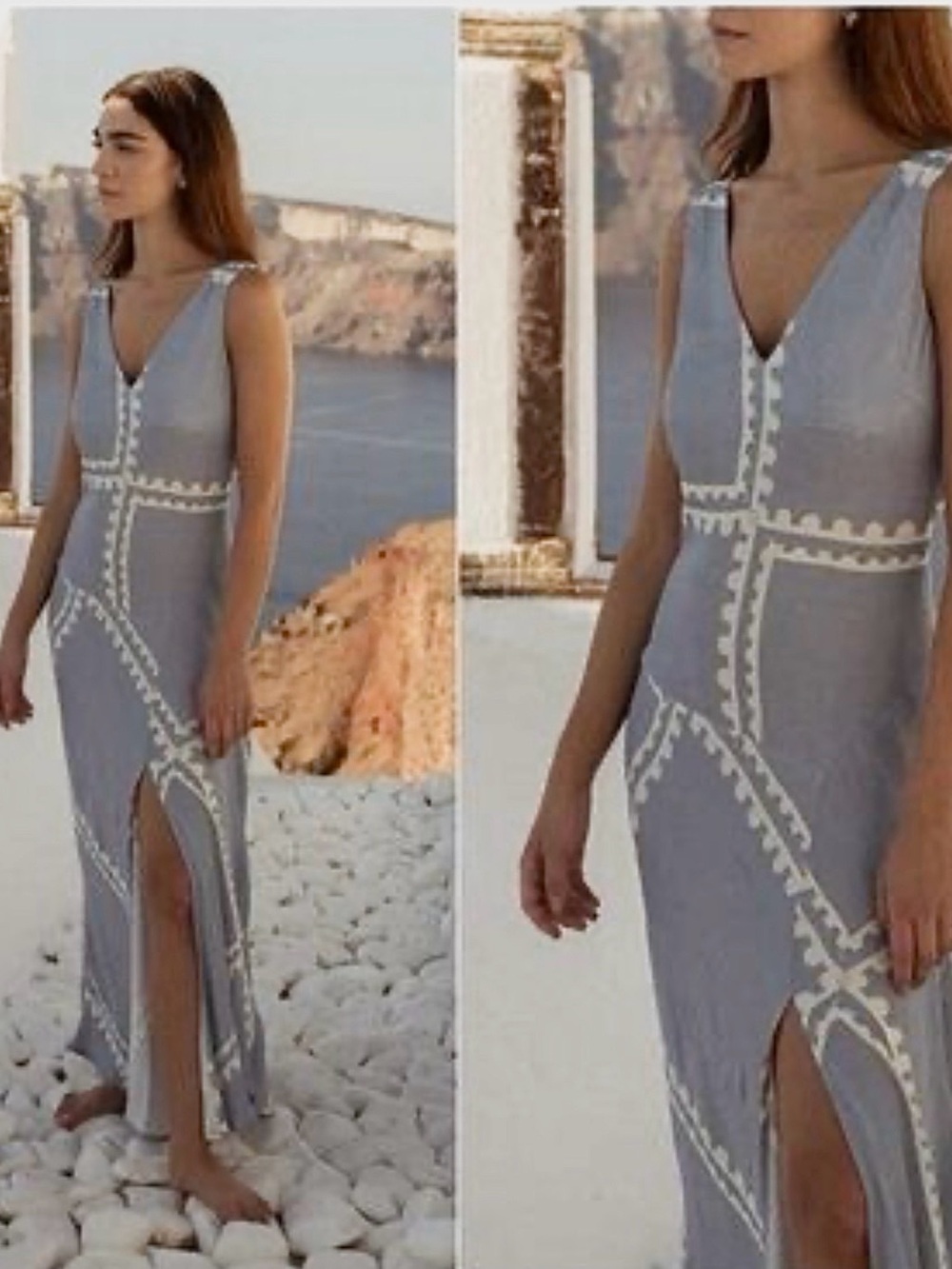 Sleeveless Light Blue Maxi Dress with White Trim by